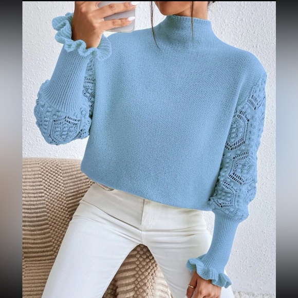 Cozy Cowl High Neck Eyelet Detail Flounce Sleeve Sweater - Picture 6 of 9